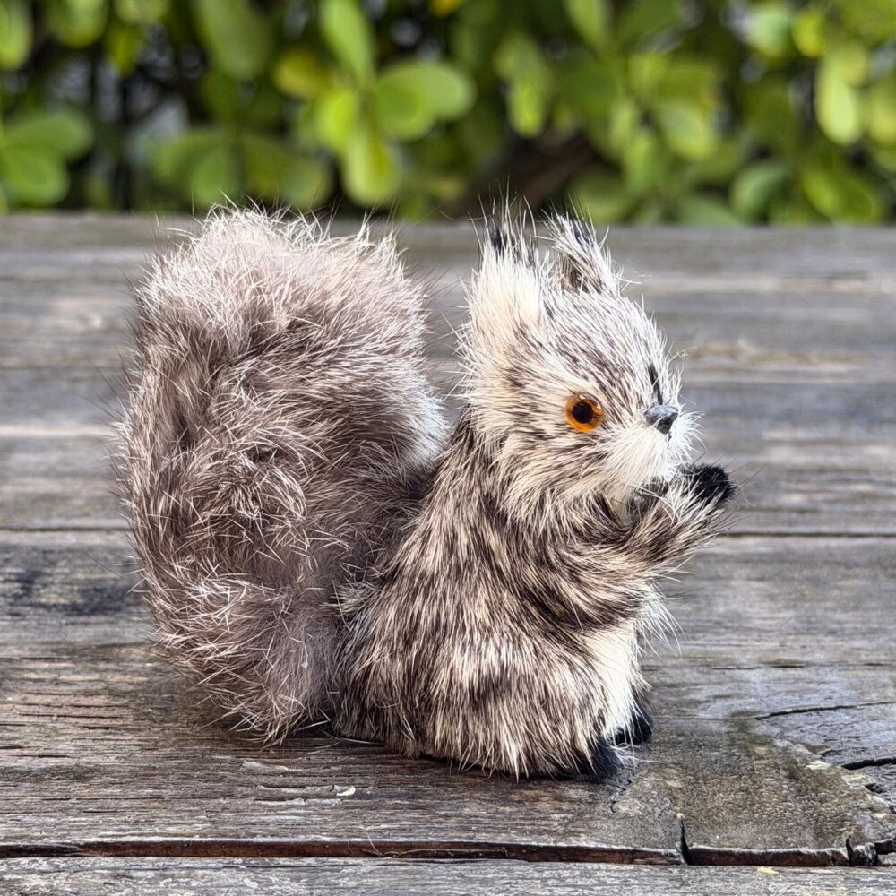 Vintage REAL RABBIT FUR Gray Squirrel 3" Realistic Miniature Figurine Glass Eyes